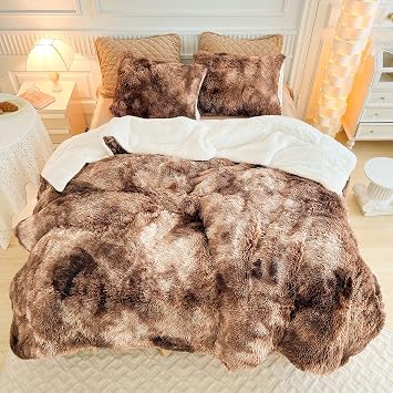 Uozzi Bedding Faux Fur Plush Shaggy Comforter Set Queen White with Khaki 3 Pieces Down Alternative Microfiber Ultra Soft Luxury Warm Sherpa Duvet Set with 2 Pillow Cases Luxury