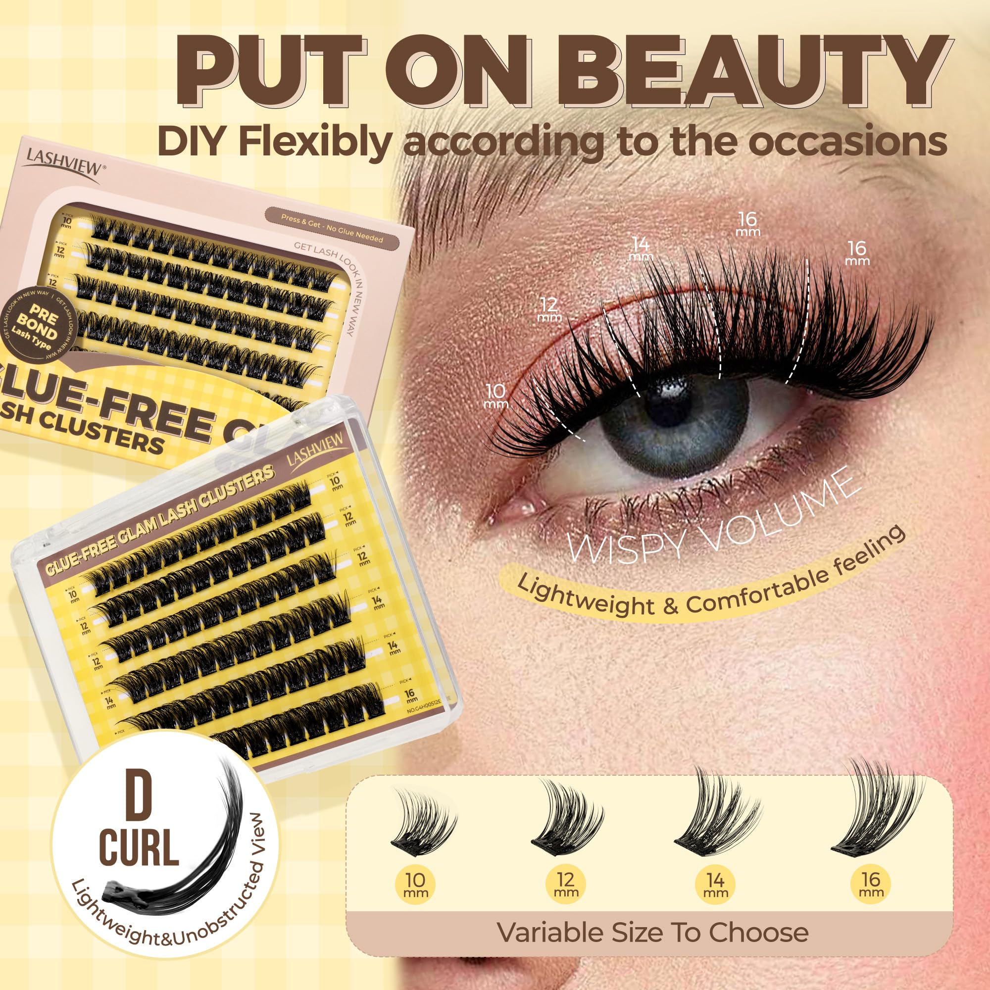 LASHVIEW Self Adhesive Lashes Clusters Eyelashes, 5+ Days Wear Press-on Lashes 10-16mm Individual Lash Extension Kit with Tweezers, No Glue Needed Natural DIY Kit (ZNF23) — view 4
