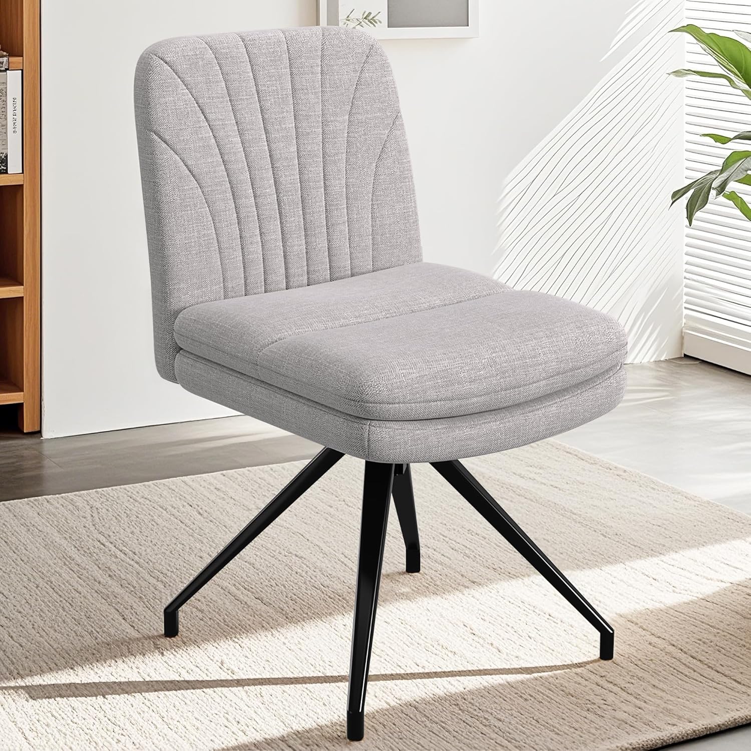 VECELO Criss Cross Legged Chair, Armless Office Desk Chair with Wide Padded Seat, Vanity Chair Modern Fabric Computer Task Chair for Living Room, Bedroom, Small Space, Make up (Grey)