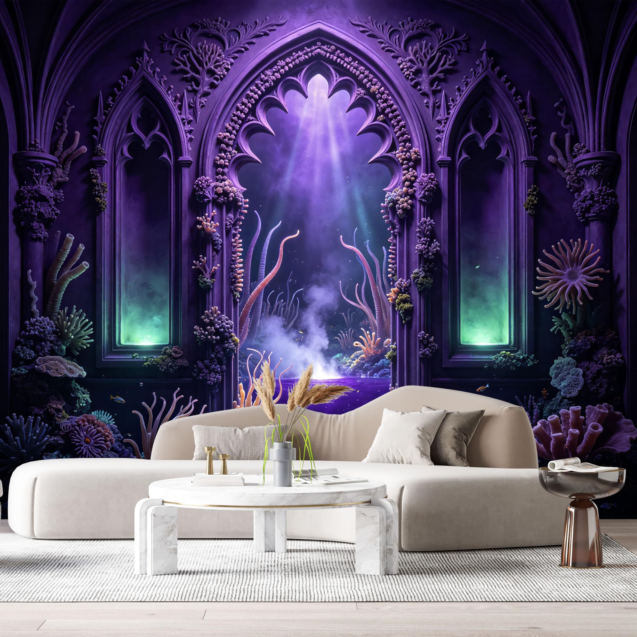 Custom Size Wall Murals Gothic Cathedral Ocean Reef 3D Trompe L'Oeil SelfAdhesiveWall Fabric Removable Wallpaper Wall Decor for Living Room Bedroom Bathroom