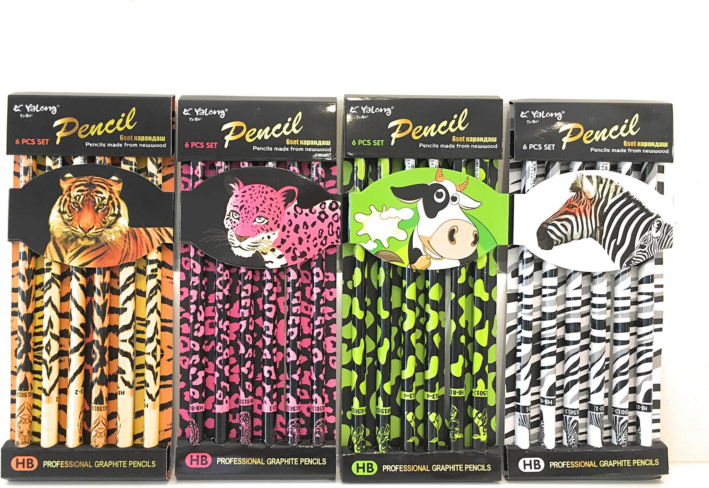 PMS 4ASST 6PC ANIMAL PATTERN PENCILS ON CARD 24PC D/BOX