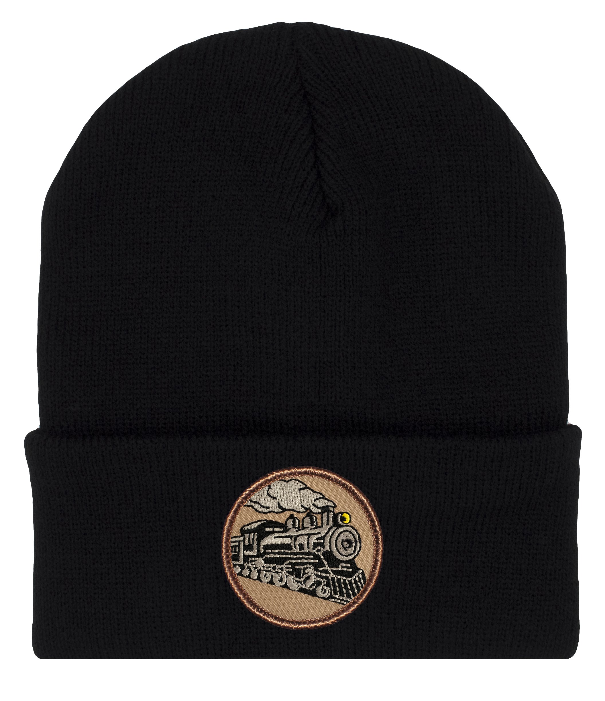 PATCHTOWN Steam Engine Train Beanie Hat - Cold Weather Toboggan Cap/Ski Cap with Embroidered Locomotive Black