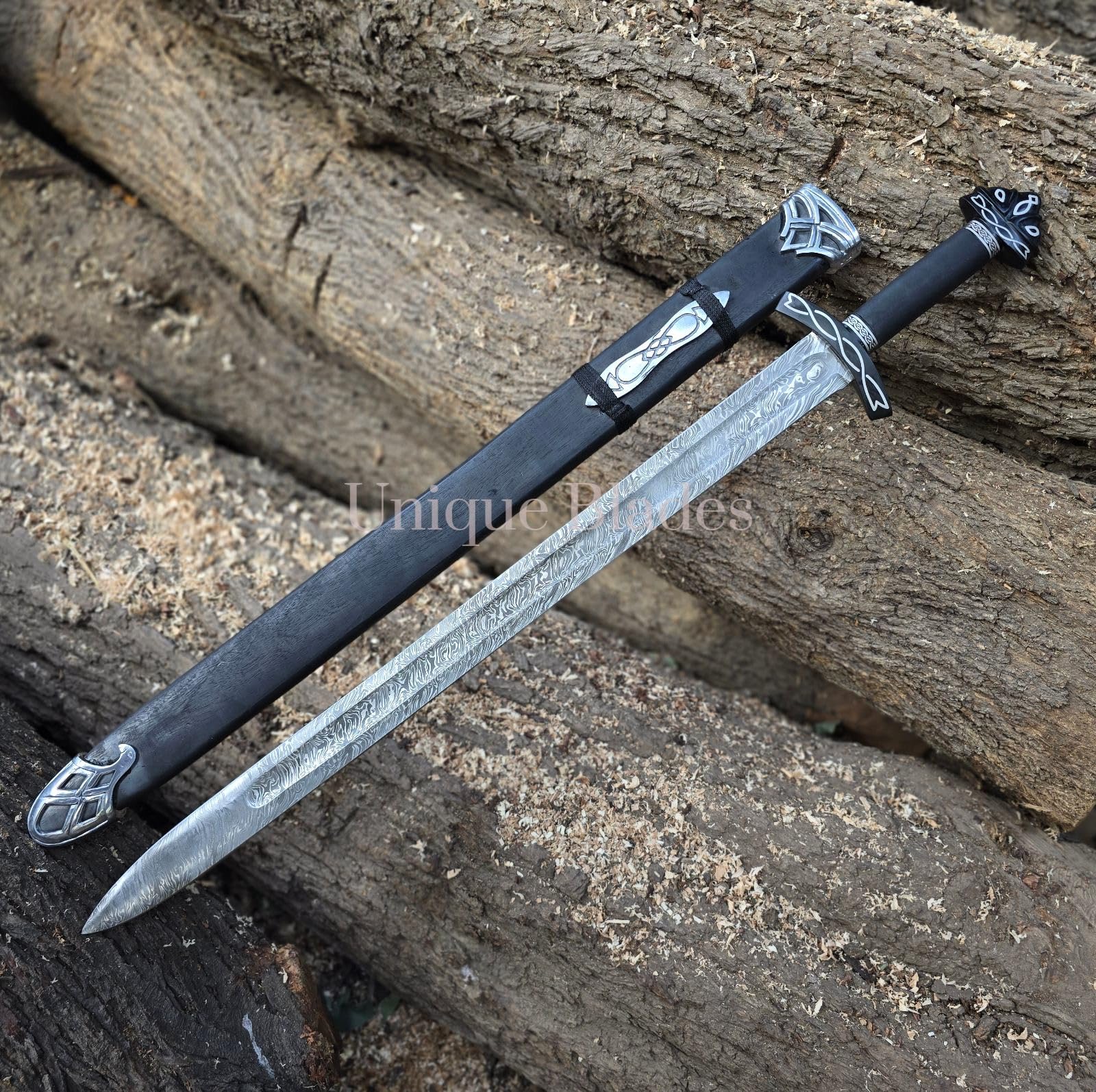 Northman Schwert 1095 Damaszener Stahl Vollgriff Mit Scheide 96,5 cm, Viking Northman's, Kampfbereit Mittelalterlich Schwarz