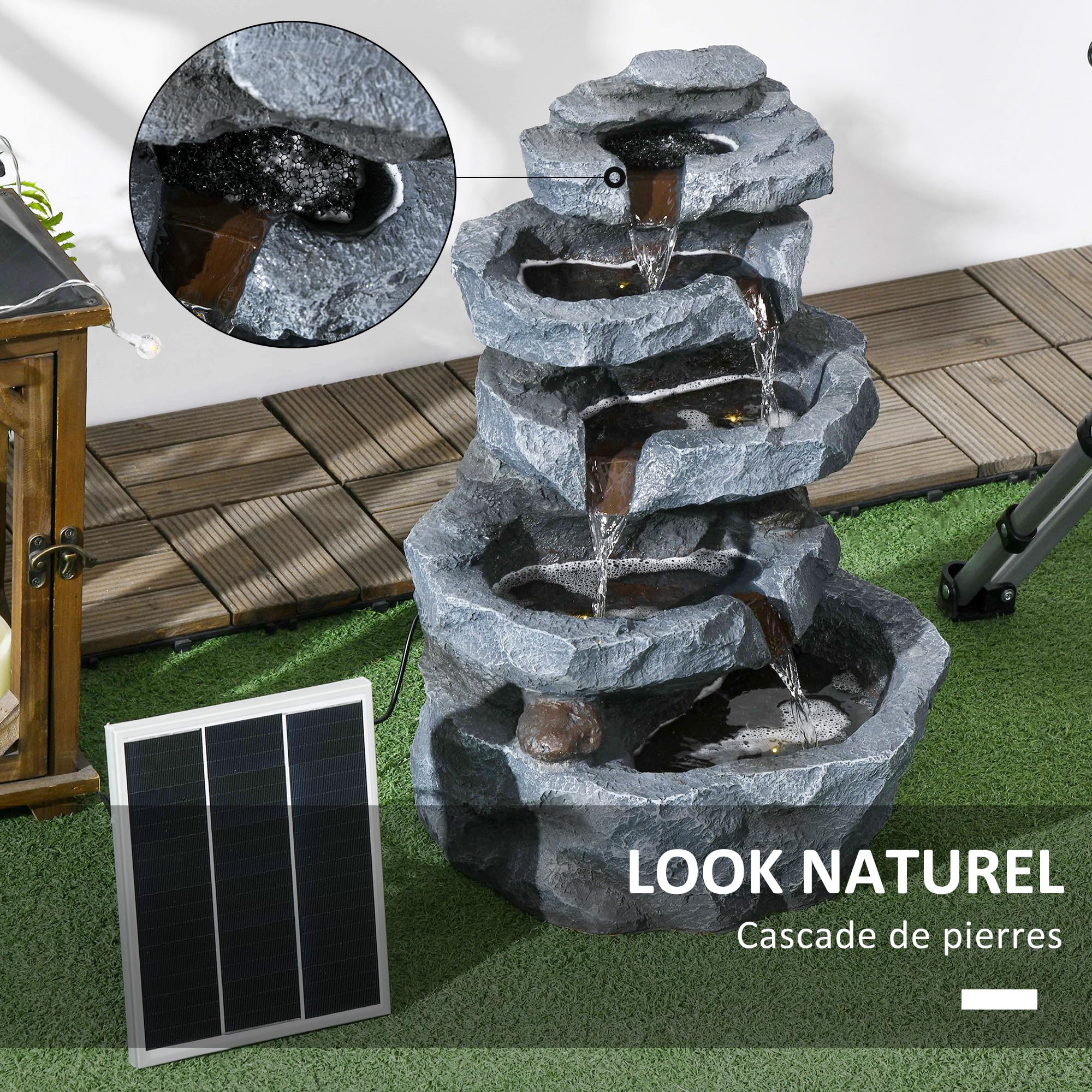 Outsunny Fontaine de Jardin à énergie Solaire Roche en Cascade à 5 Niveaux en résine avec lumières LED et Pompe dim. 38L x 31l x 55H cm Gris