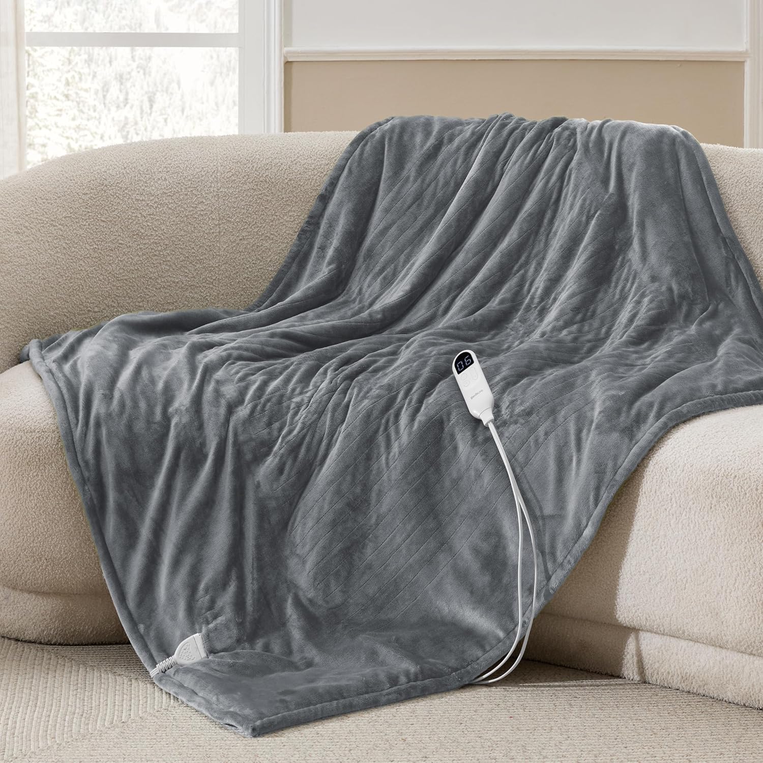 Bedsure Heated Blanket Throw Blanket - Fast Heating Electric Blanket, Soft Flannel Heated Throw with 4 Time Settings, 6 Heating Settings, Warm Gifts for Grandma & Grandpa & Seniors (50"x60", Grey) - Image 8