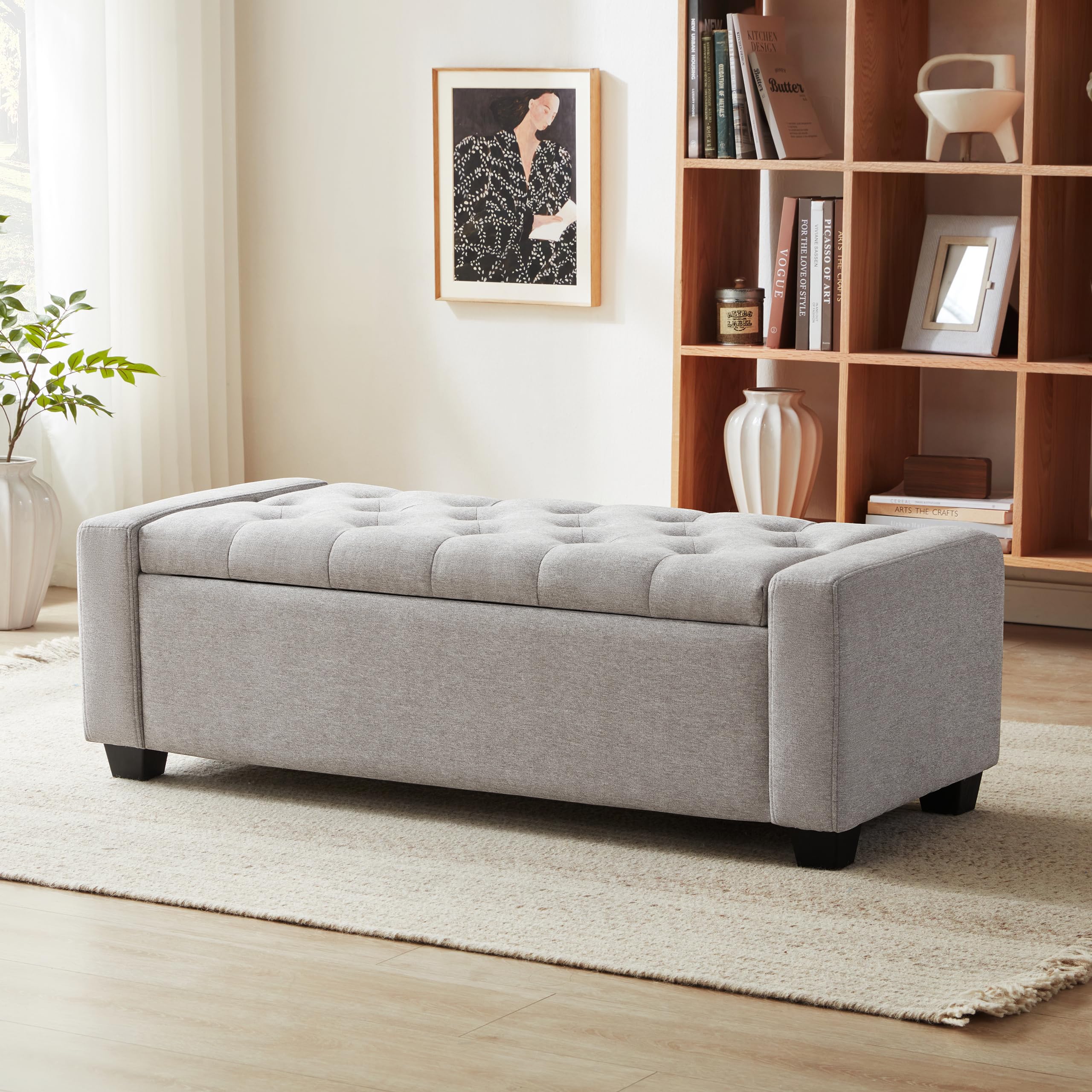 ottoman with storage, storage ottoman bench with safety hinge, upholstered storage bench with seating for bedroom, living room, holds up to 330 lb(light gray)