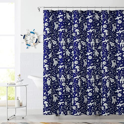 Central Park Cortinas de ducha de color azul marino para baño, resistentes al agua, temática de planeta espacial, patrón decorativo de dibujos
