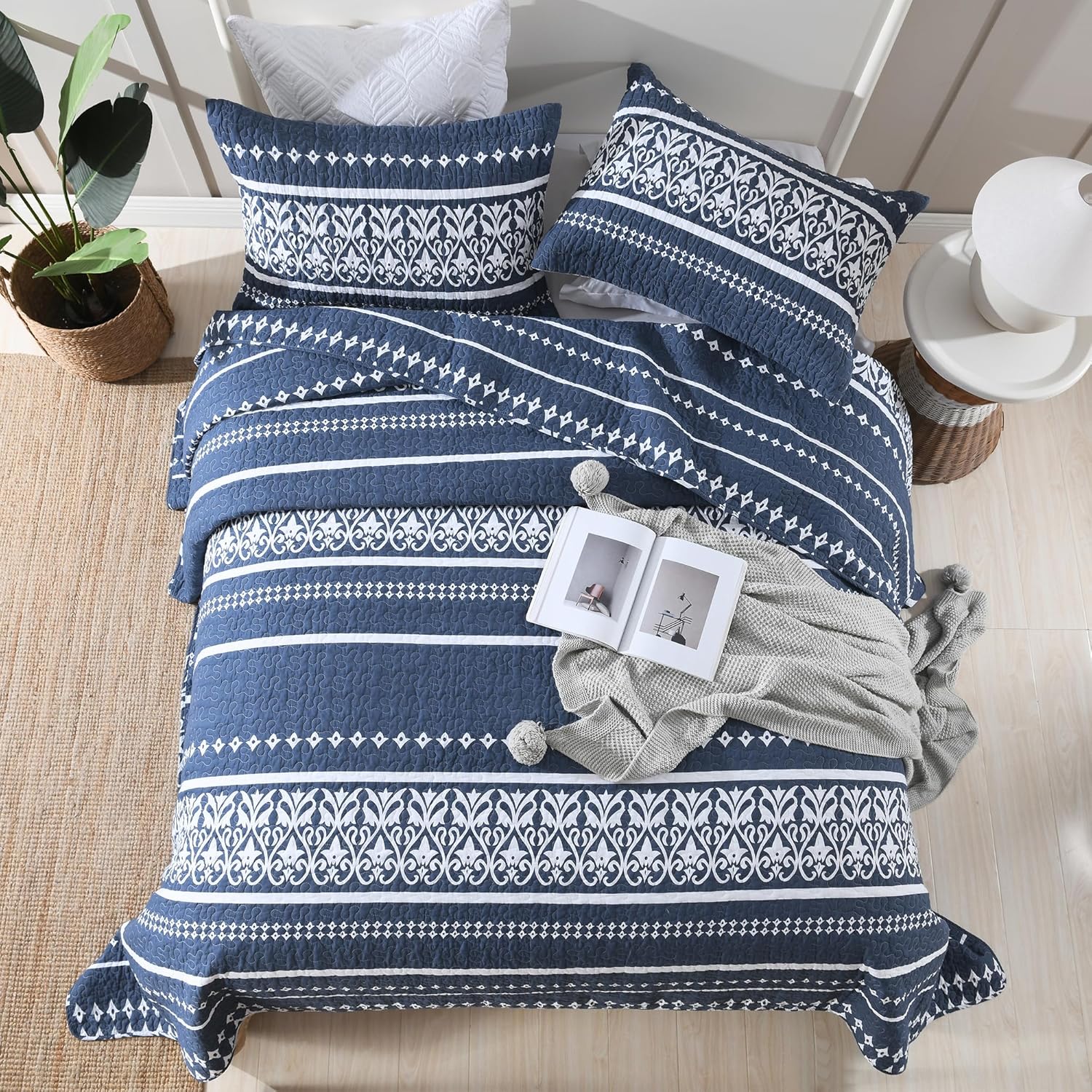Quilt Set 100% Cotton Boho Striped King Quilt,Navy Blue Quilt King Size Bohemian Pattern King Bedspread Lightweight All Season 3 Piece - Image 2