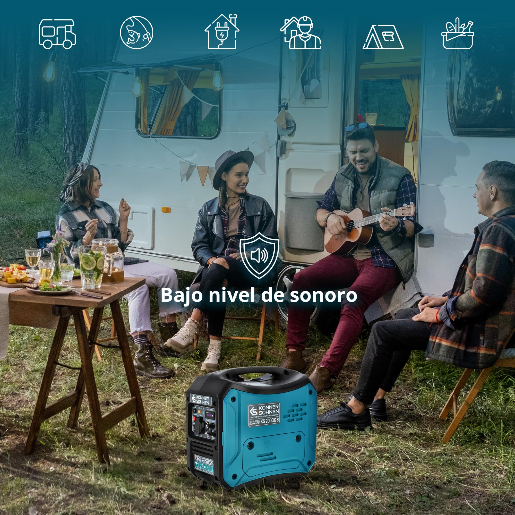Generador inverter híbrido gas/gasolina Könner & Söhnen KS 2000iG S, 2000 W, carcasa insonorizada (62 dB), Schuko 230V, LED, modo eco, cobre, protección, EURO 5