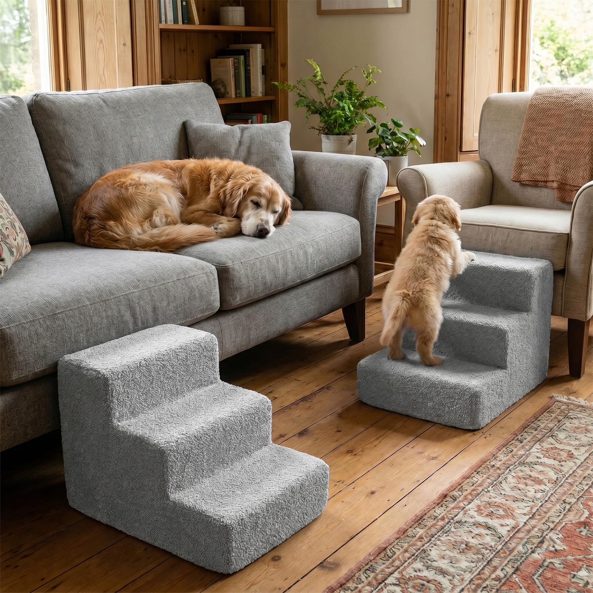 murando - Escalier pour Chien et Chat Canapé et Lit 3 Marches - 30 cm - Escaliers pour Chiens - Marche pour Chien - Housse Amovible et Lavable - Robuste en Mousse Rampe pour Chiens - Bouclé - Gris