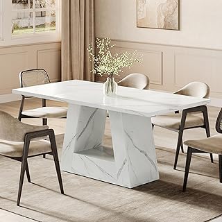 LITTLE TREE Dining Table for 4-6 People, 63 Inches Dining Room Table with Wooden Triangle Pedestal Base, White Faux Marble Rectangle Dinner Kitchen Table for Dining Room, Kitchen, Living Room