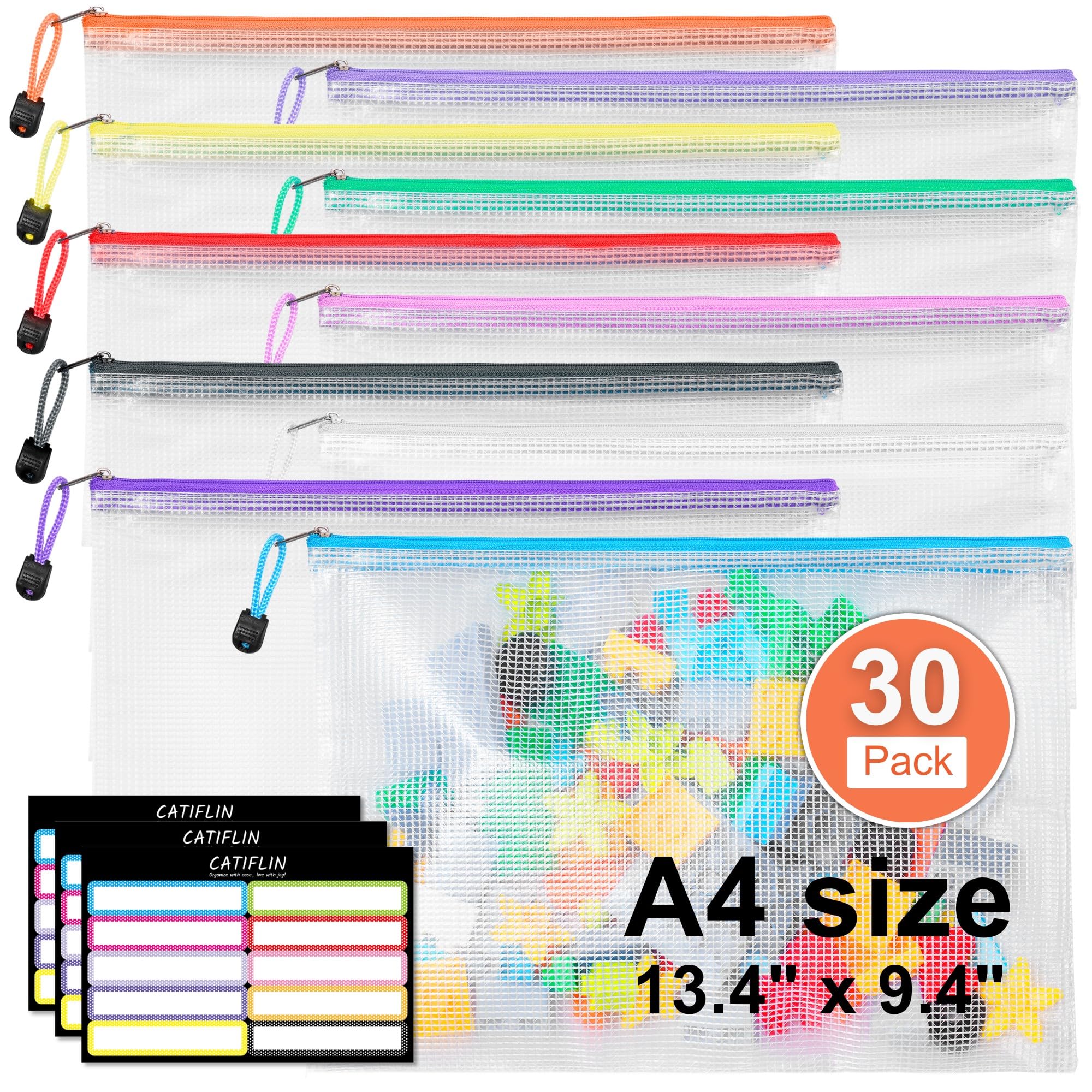 CATIFLIN 30 Pack Mesh Zipper Pouch Bags, A4 Letter Size, Clear Plastic Zip Bags for Board Game & Puzzle Storage, Waterproof & Durable Document Bags