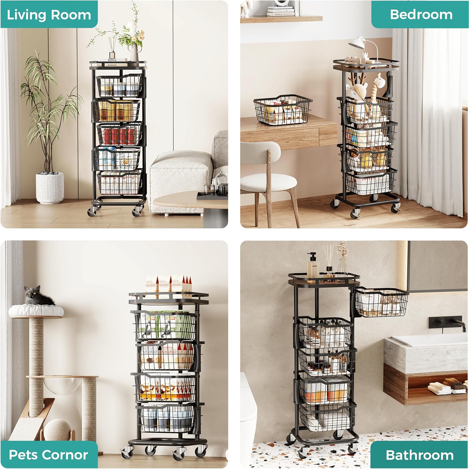 5 Tier Kitchen Fruit Vegetable Storage Cart with One-Piece Rotating Basket, Pantry Organizer Shelf Rack Floor Stand for Veggie Onion Potato Produce Spice, Rolling Snack Cart on Wheels, Black - Image 4