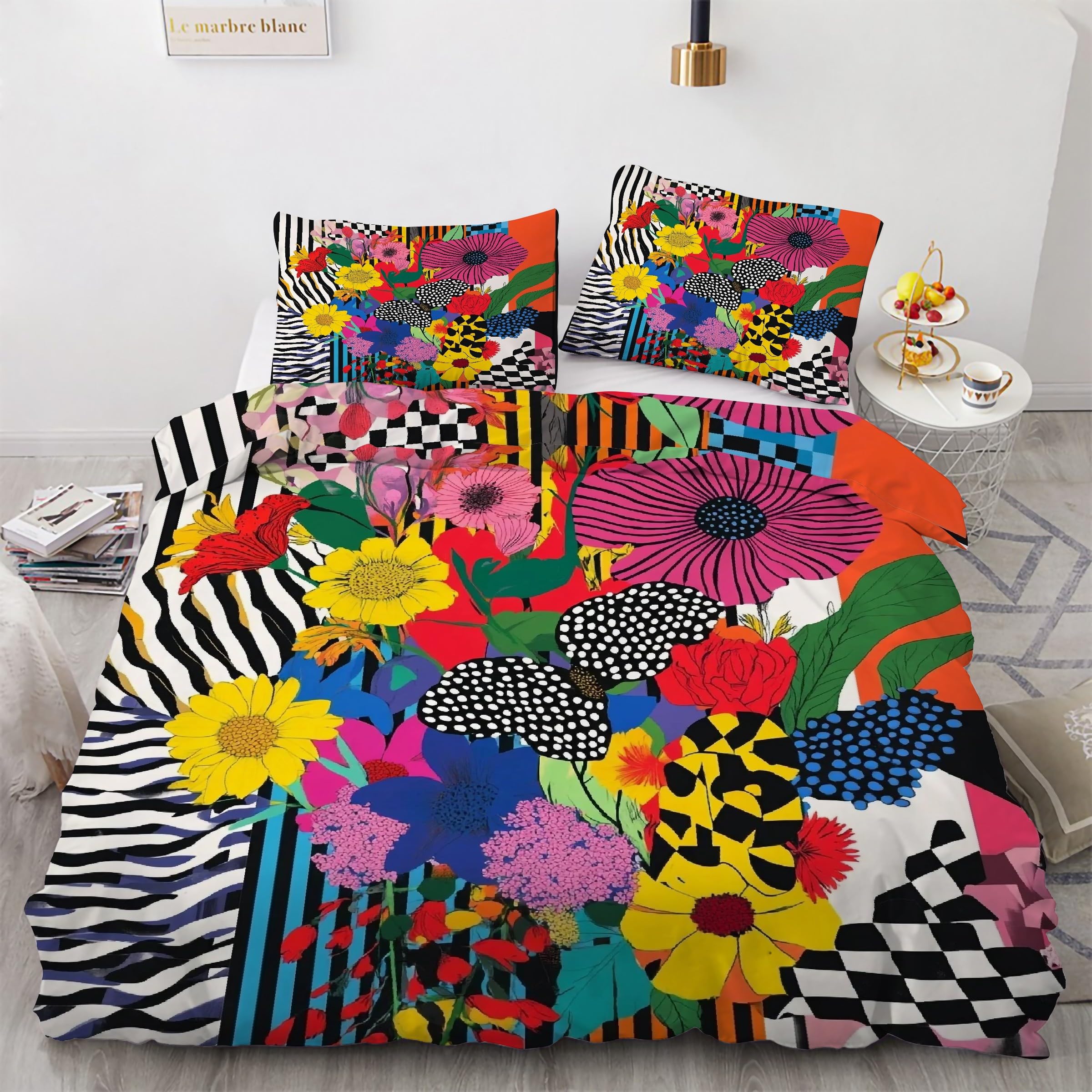 Housse de couette 220x240 microfibre anti-plis parure de lit imprimé treillis fleur