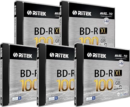 5 Pack Ritek BD-R XL BDXL 100GB Archival Grade Triple Layers 4X White Inkjet Hub Printable Blank Disc w/Standard Jewel Case