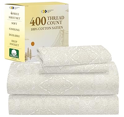 California Design Den Queen Sheet Set - 400 Thread Count Sateen, Deep Pocket Natural 100% Cotton Sheets, Deep Pocket Cooling and Durable Bedding - Paisley Pattern, Beige