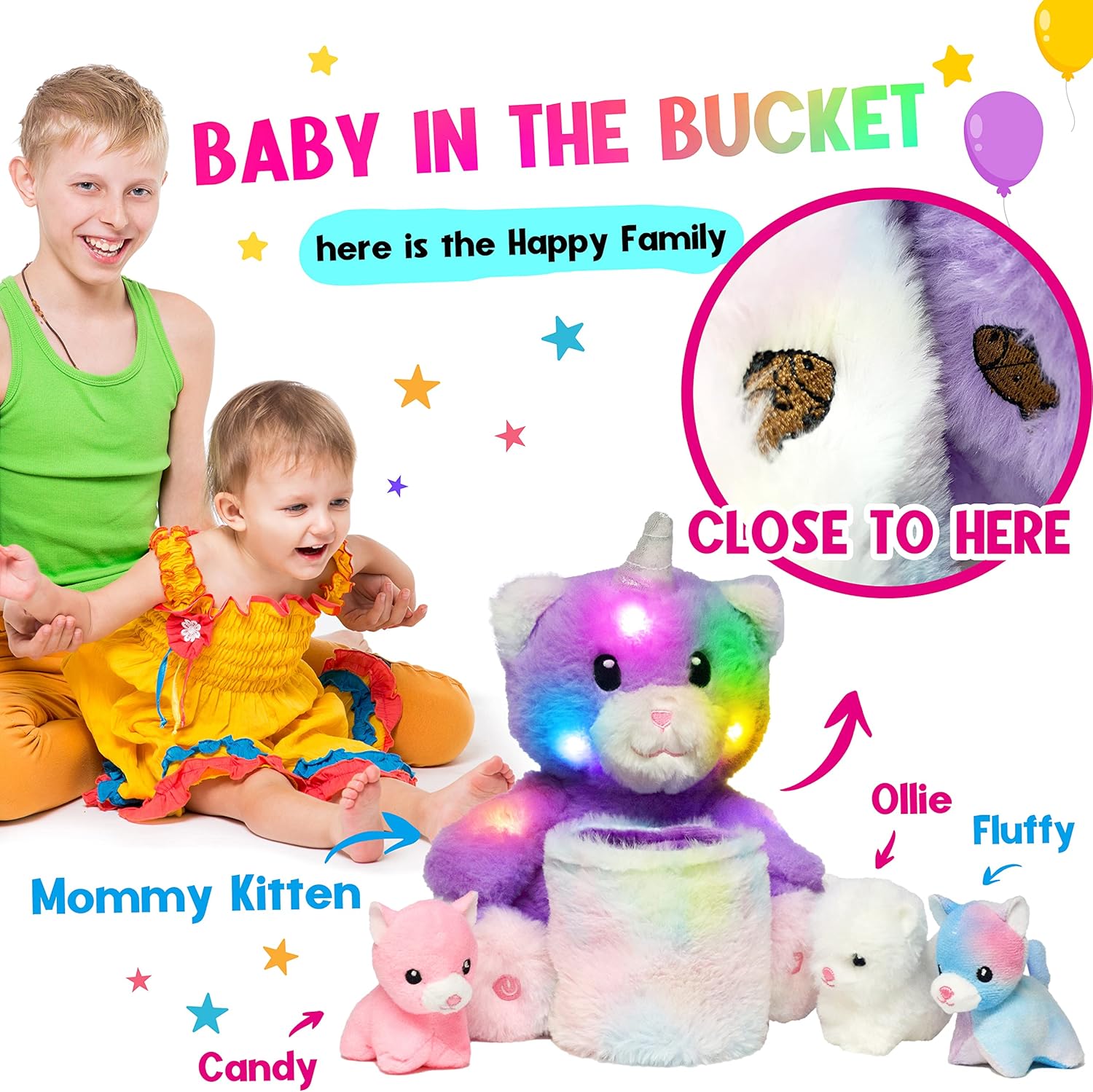 Hopearl LED Plush Cat with Removable Bucket Lighting Up Stuffed Mommy Cat with 3 Baby Kittens in The Basket Floppy Stuffed Animal Playset Night Lights Glow in The Dark Birthday Gifts for Kids, 12''