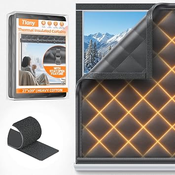 Window Insulation Kit for Winter 27"x39" Cold Weather Thermal Curtain with Heavy Cotton, Insulated Window Cover for Winter & Windows Draft Blocker for Winterizing Windows in Home RV BasementBlack