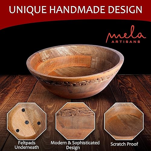 Mela Artisans Wooden Fruit Bowl | Medium Burnt Finish | Large 12” Mango Wood Serving Bowl | Multipurpose for Kitchen Countertop | Salad| Fruit|