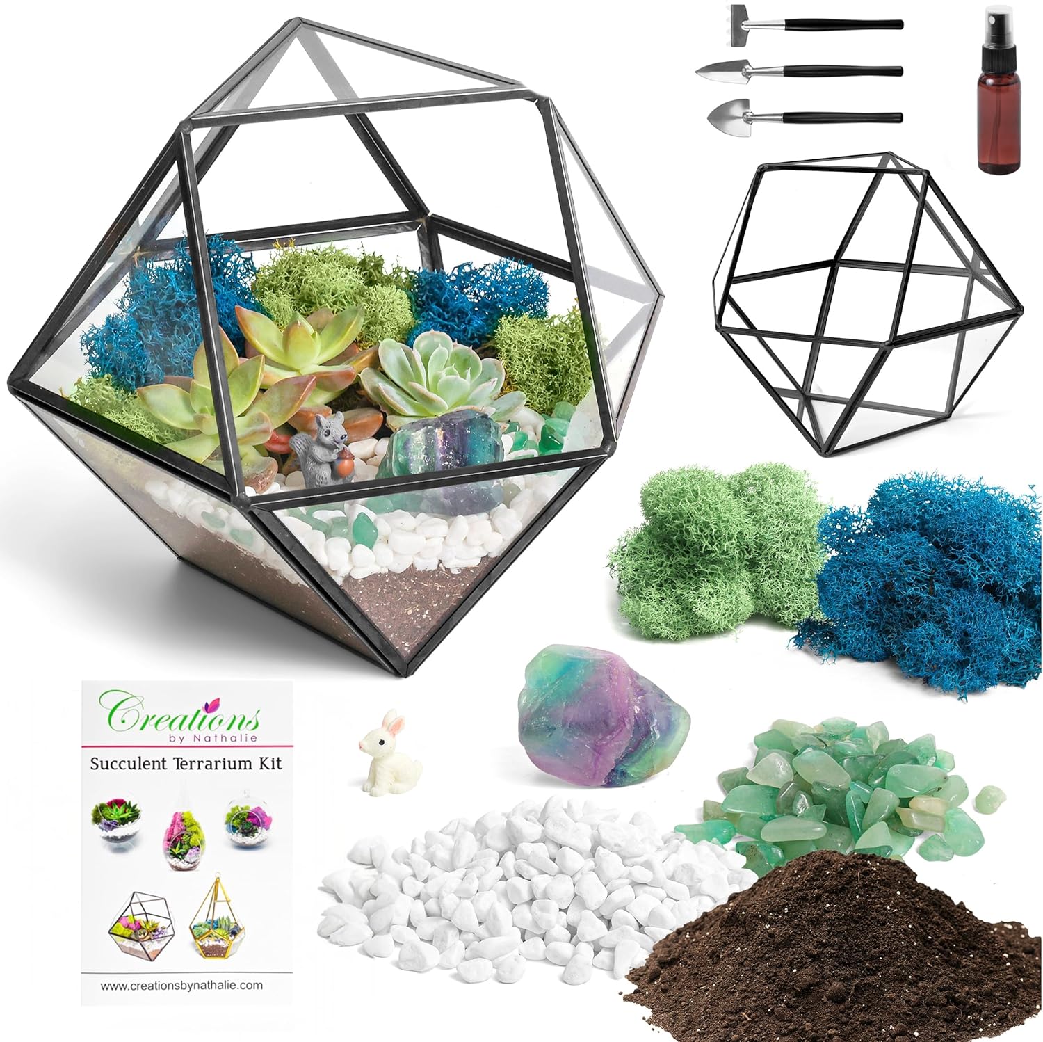 DIY 7" Geometric Terrarium Kit - Build Your Own Glass Terrarium for Adults & Kids with Moss, Crystals, Tools & Decorative Figurine - Mini Ecosystem (Plant Not Included)