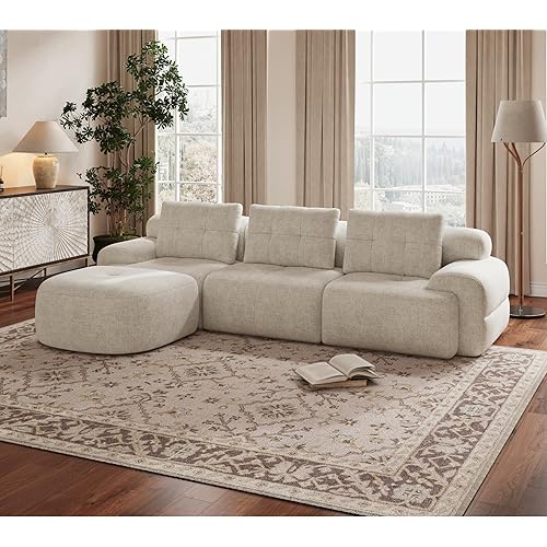 112'' Modular Sectional Sofa Couch with Chaise, Full-Foam Structure, Compression Packaging Design, Woven Texture Upholstery, Oversized Modern Sofa for Living Room – Ivory Mist