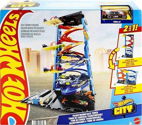 Miniatura 6 de Hot Wheels City Toy - Juego de pistas de autos de juguete, torre de carreras transformable, carreras de modo simple a doble, con vehículo a escala