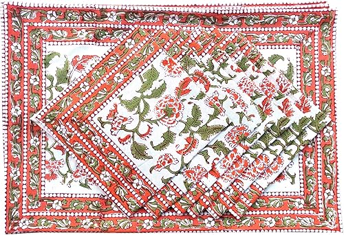 Miniatura 2 de Rastogi Handicrafts Juego de 6 manteles individuales 100 % algodón estilo indio para mesa de comedor y servilletas (naranja 1)