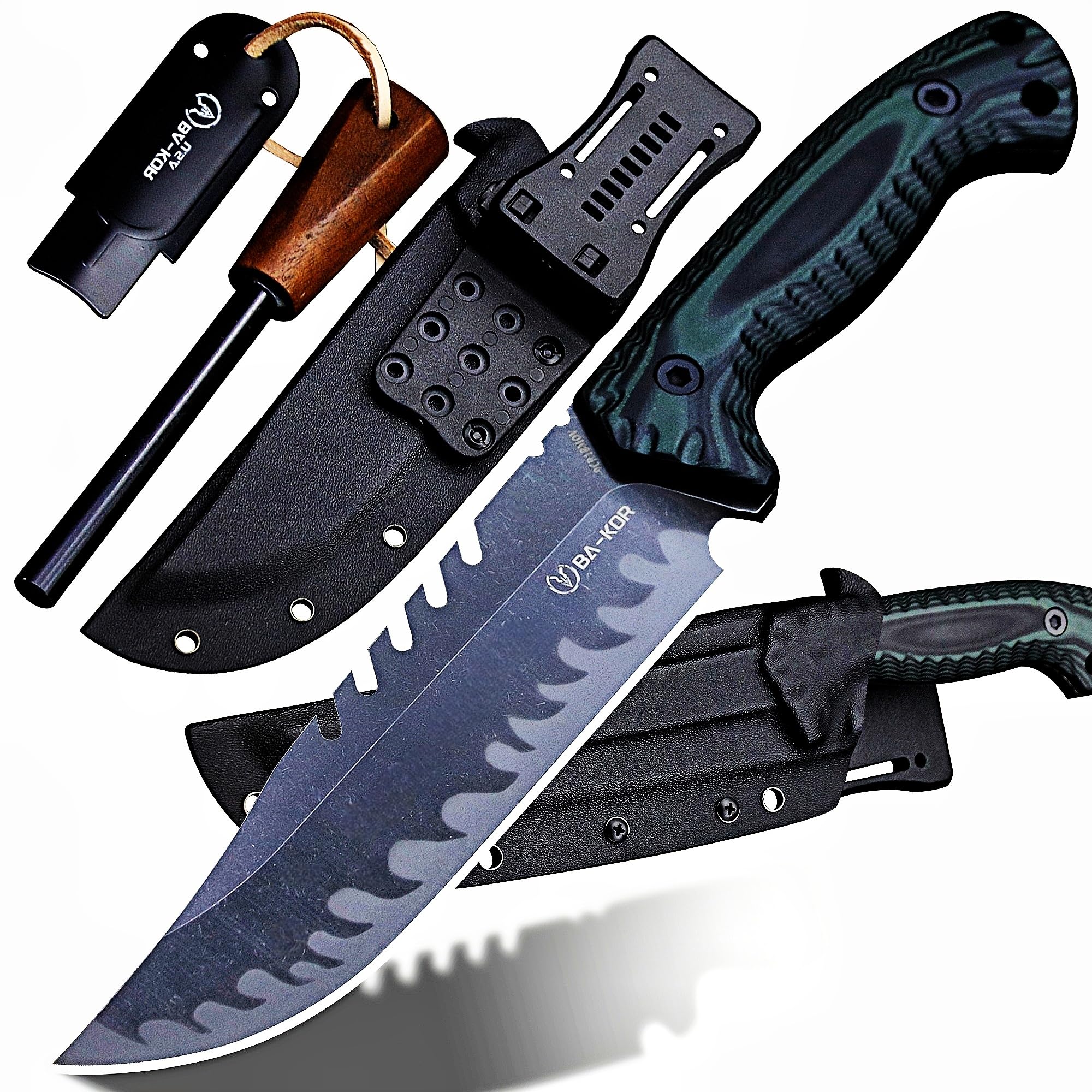 BA-KOR 12.4in Full Tang Fixed Blade Hunting Knife – 6mm 9CR18MoV Steel, G10 Handle, Stone…