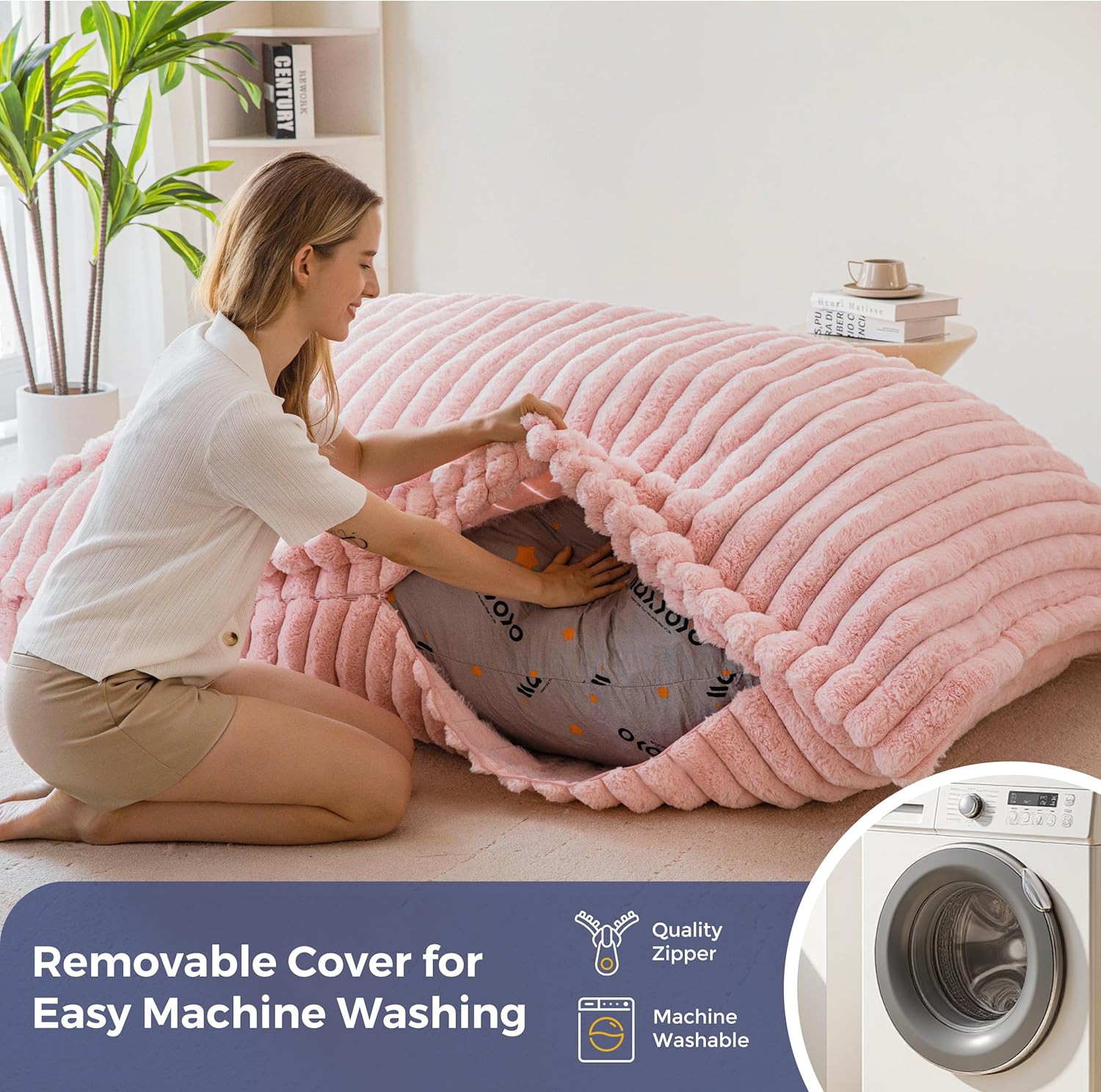 MAXYOYO Giant Bean Bag Chair with Pillow, 3 in 1 Convertible Bean Bag Chair for Adults with Removable Cover, Floor Cushion Stuffed Floor Lounger for Living Room Bedroom, Pink - Image 7