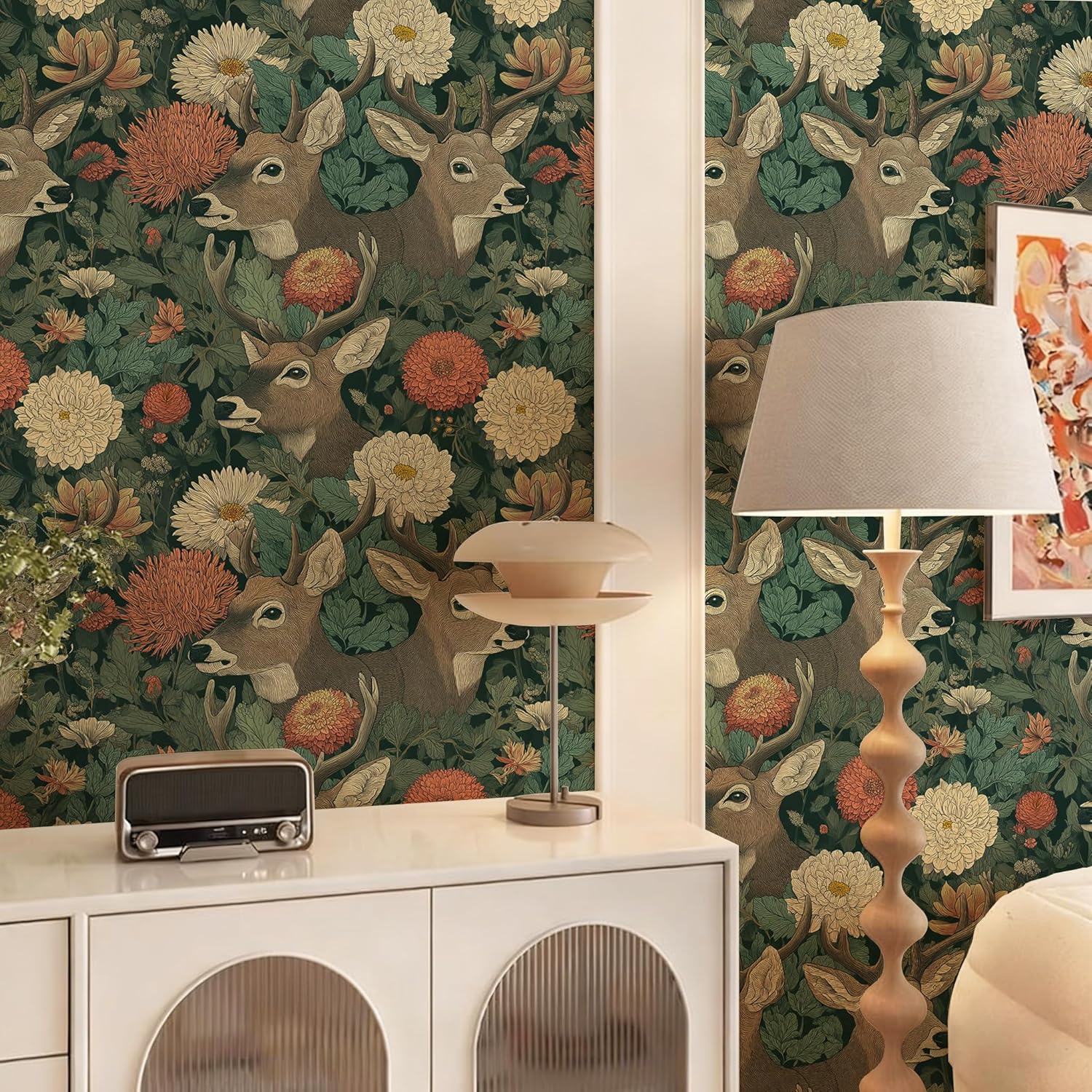 Vintage Folk Art Forest Peel and Stick Wallpaper – Bold Floral & Deer Removable Mural for Cozy Bedroom & Living Room, 17.7×118 Inch