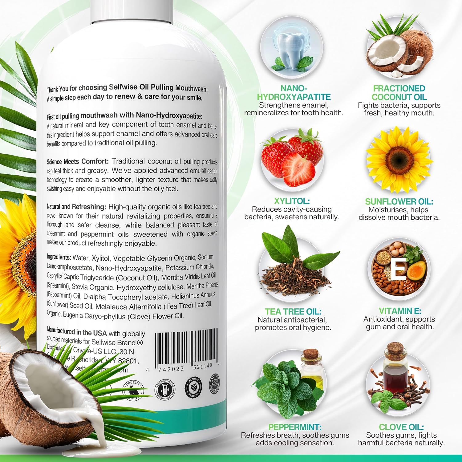 Nano-Hydroxyapatite Oil Pulling Whitening Mouthwash for Teeth and Gums, Natural & Organic, Whitens Teeth, Strengthens Enamel, Fights Bad Breath & Plaque - Smooth & Non-Greasy - for Adults - 32oz