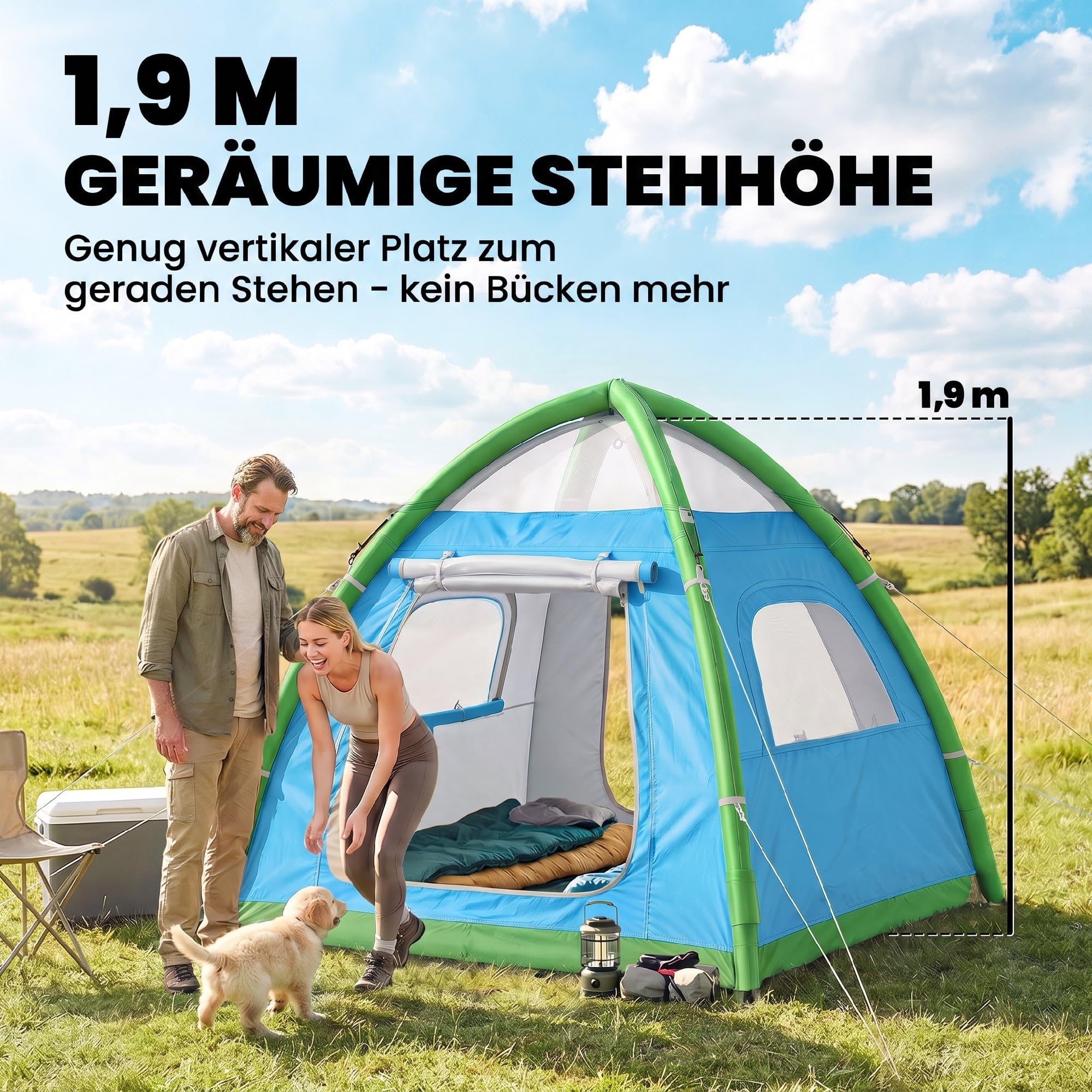 Outsunny Aufblasbares Zelt 3 Pers. Schnell Aufbau mit Luftpumpe Hellblau