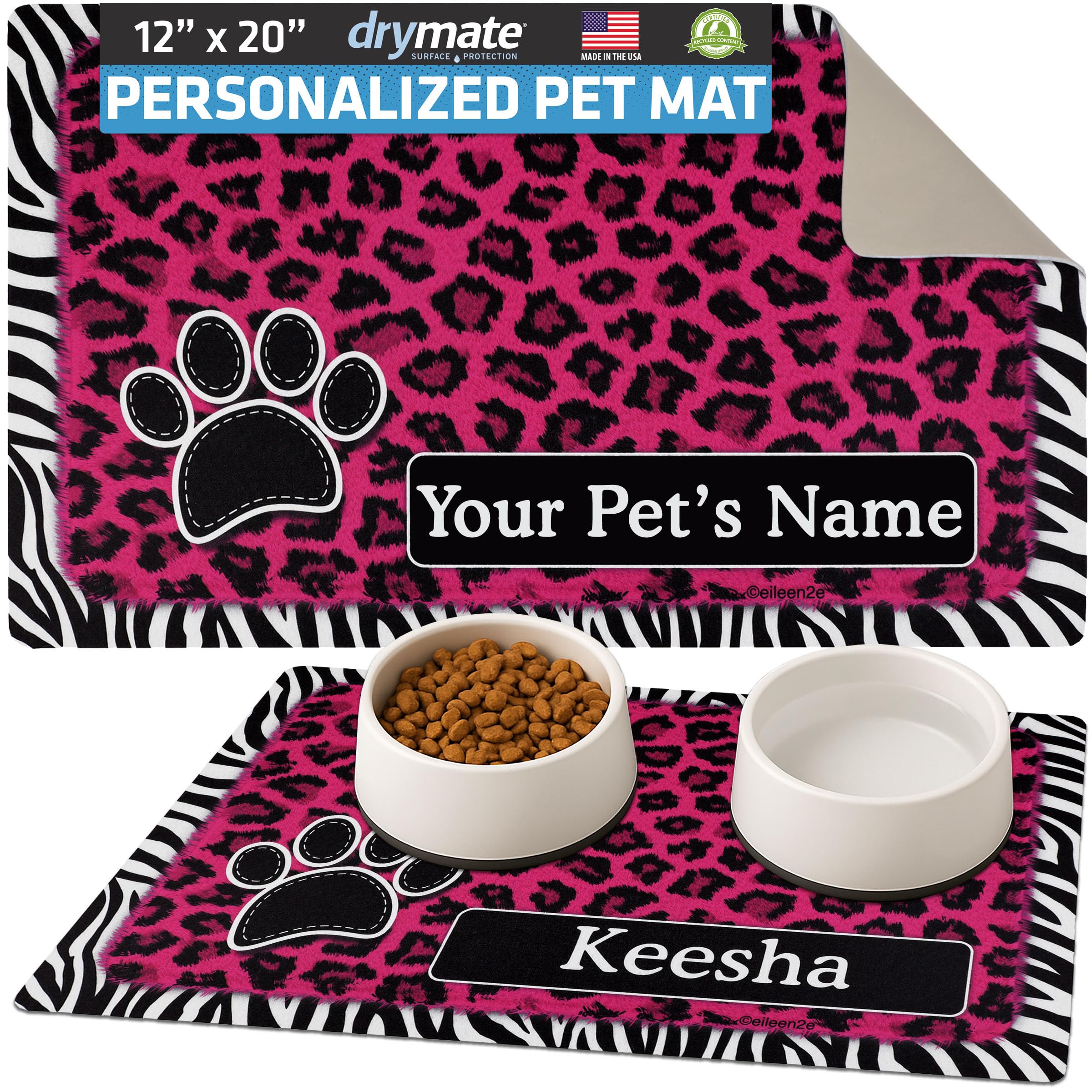 Drymate Personalized Pet Bowl Placemat, Custom Dog & Cat Food Feeding Mat - Absorbent Fabric, Waterproof Backing - Machine Washable/Durable (USA Made)