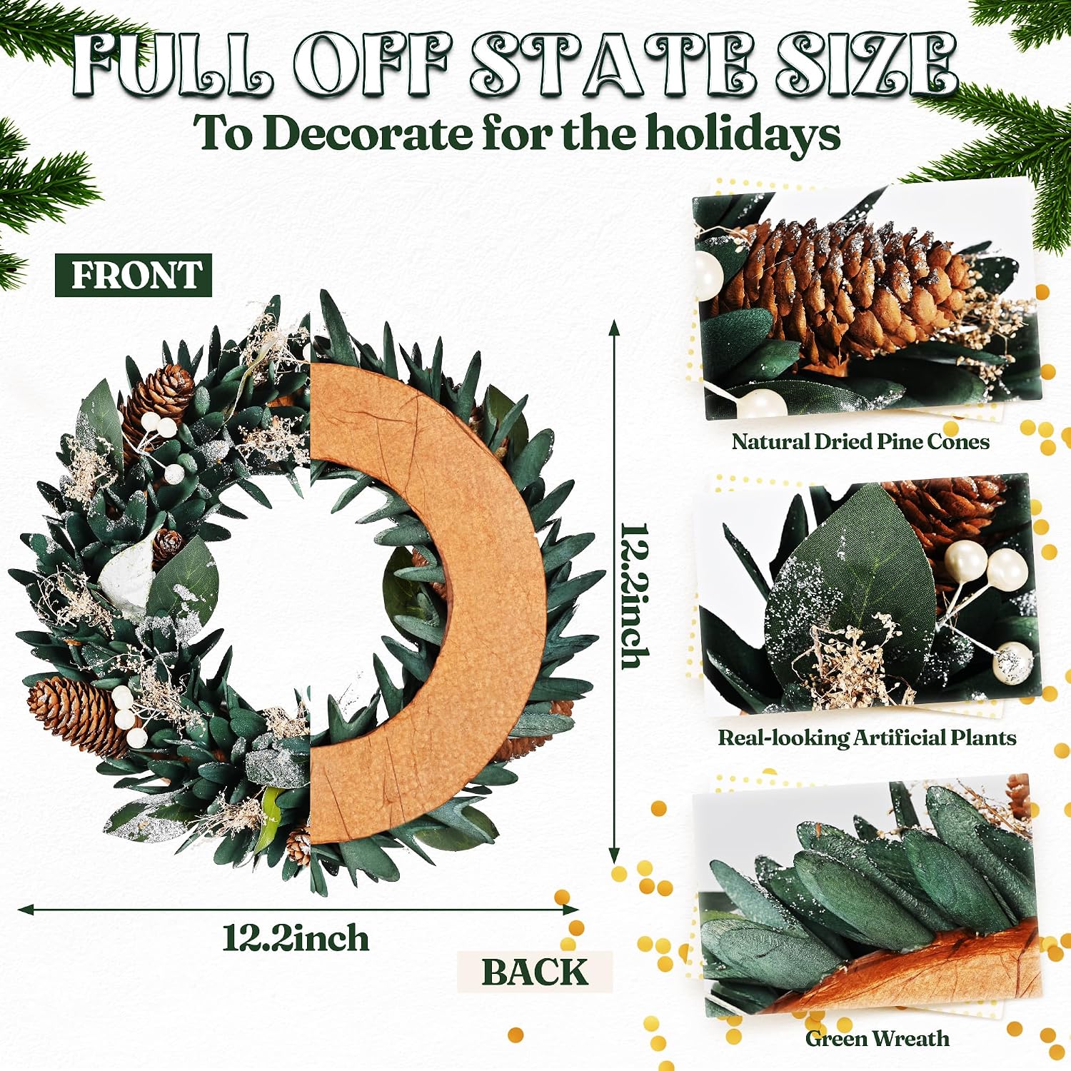 Christmas Wreath for Indoor Decorations, 12" Small Door Wreath with Natural Pine Cones