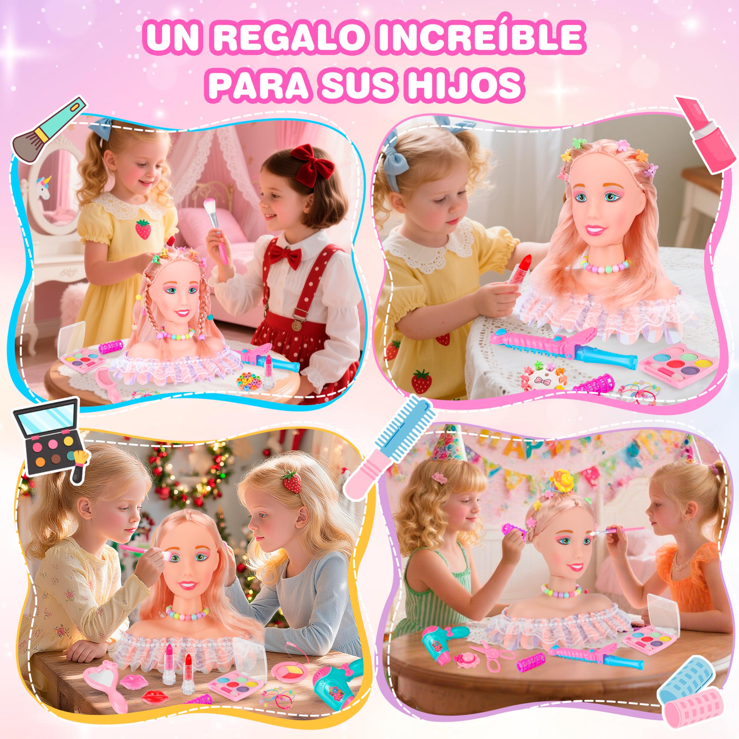 MOMOSTAR Cabeza Muñeca para Peinar y Maquillar, 58 Piezas Cabeza de Peluquería para Niños con Accesorios, Busto Muñeca Peinar y Maquillar para niña 3 4 5 6 Años Regalos Cumpleaños Navidad