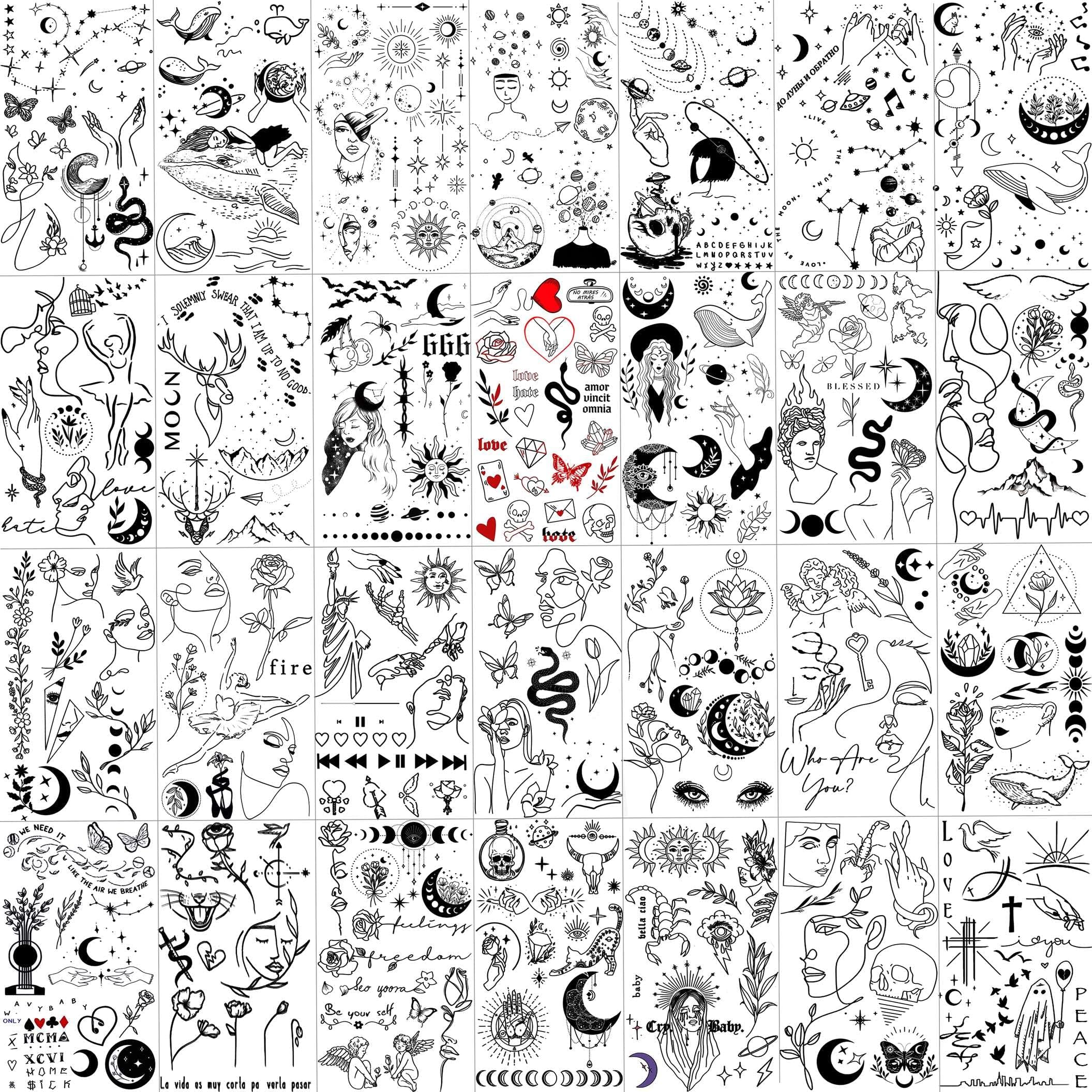 28 Sheets 220+ Minimalism Temporary Tattoos - Moon, Sun, Stars, Snakes, Flowers for Women, Men, Adults, Kids