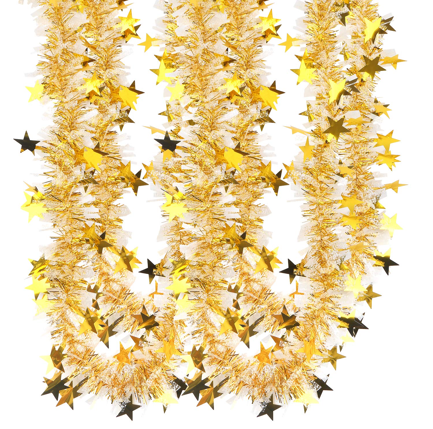 Guirnalda de espumillón para Navidad, Guirnalda de oropel navideña, oropel Grueso de 32,8 pies(Gold Star Tinsel)