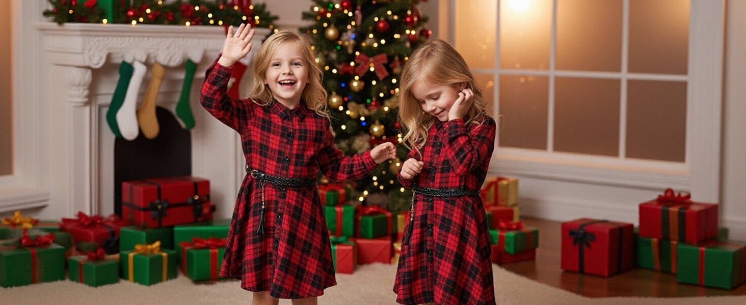 AGQT Girls Christmas Plaid Dress Long Sleeve Fall Winter Outfits, 3-4T