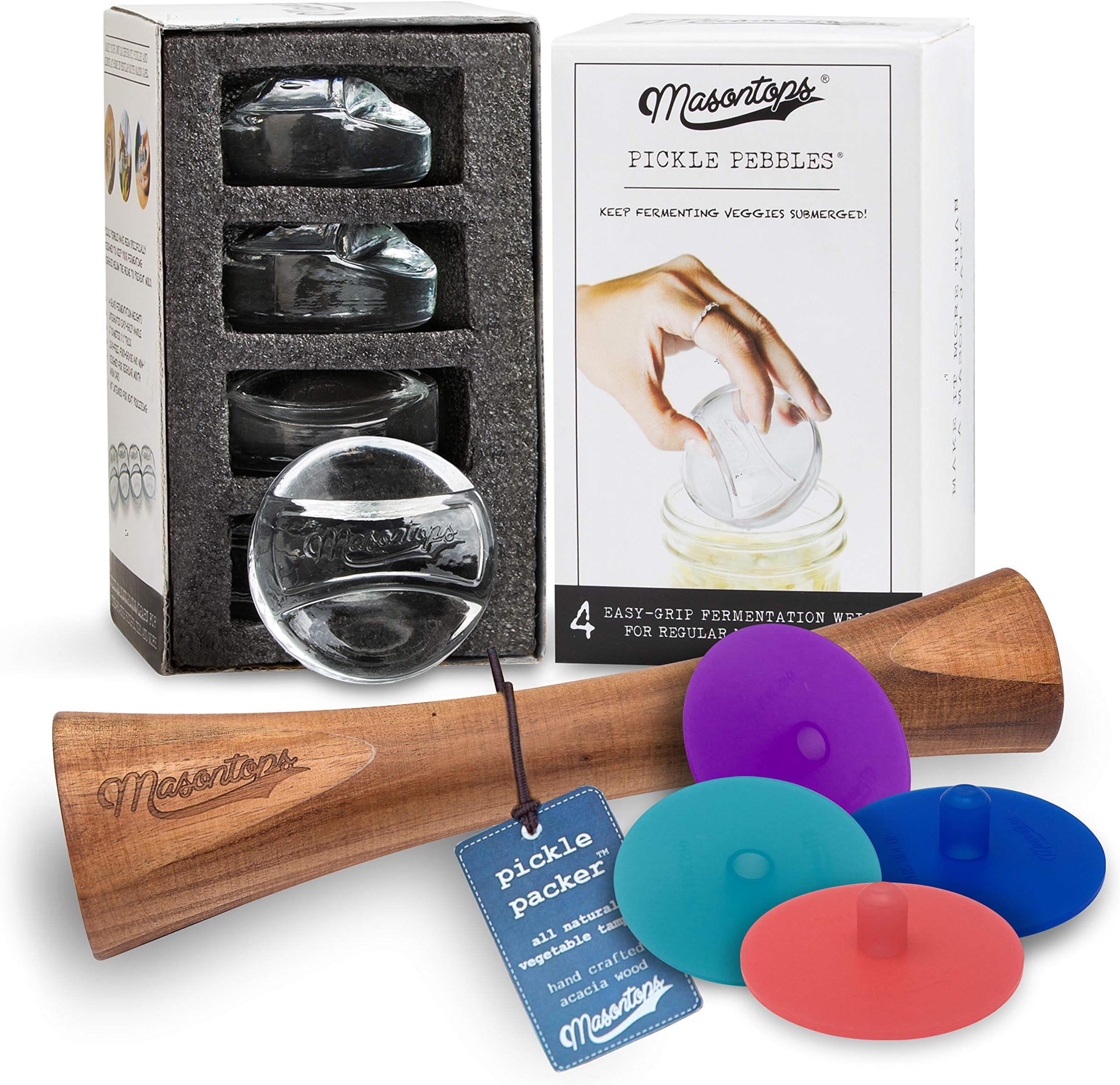 Masontops Deluxe Mason Jar Fermentation Tool Set - Regular Mouth Essentials - Silicone Pipe Lids Plus Weights and Tamper