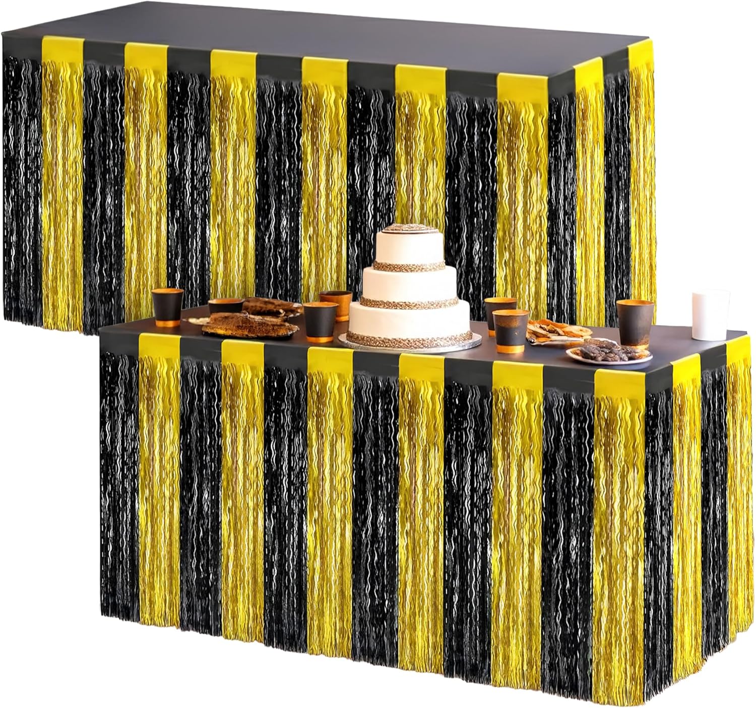 KatchOn, New Years Eve Party Supplies 2026 - Pack of 70 | Black & Gold New Year Eve Party Plates, Cups and Napkins sets & Tinsel Table Skirt Streamers, Table Fringe for New Years Decorations 2026