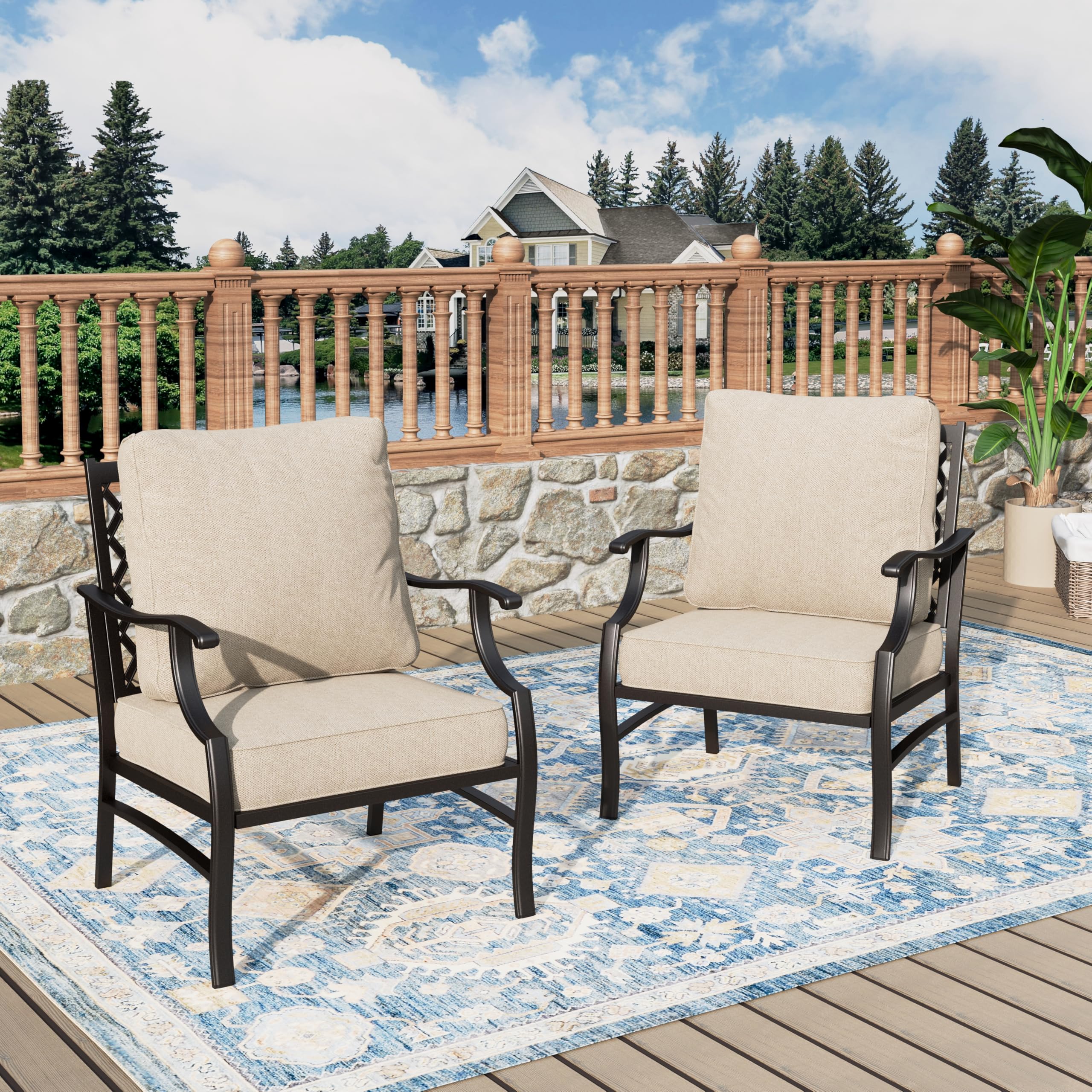 MIXPATIO Patio Chairs Set of 2, High Back Outdoor Patio Metal Leg Chairs with 5.75" Thick Cushions for Bistro Balcony Porch Deck and Yard, Beige