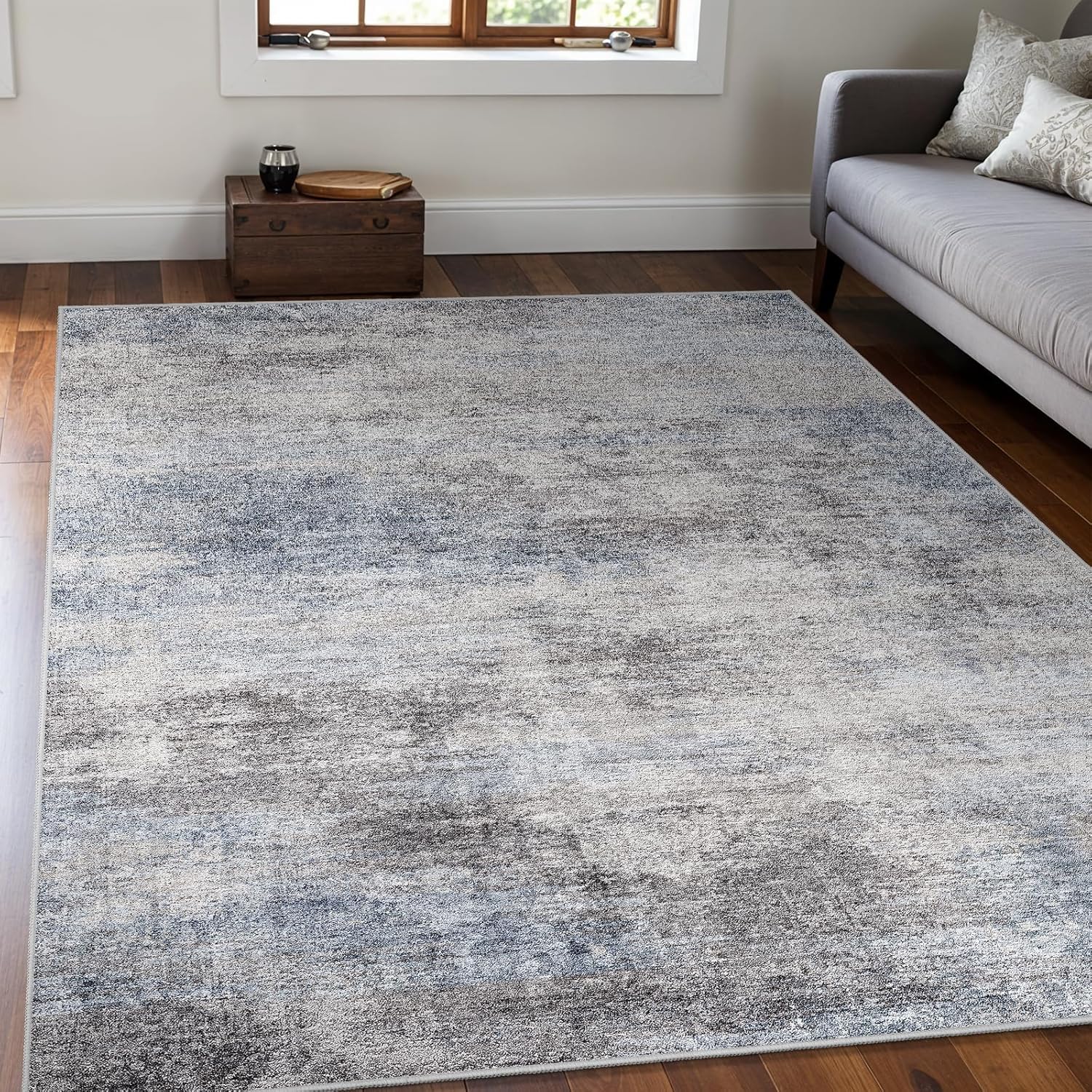 Washable Abstract 5x7 Area Rug: Low Pile and Non-Slip Rubber Backing Modern Large Soft Stain-Resistant Carpet for Living Room Bedroom Dining Room Kitchen and Home Office Blue Grey