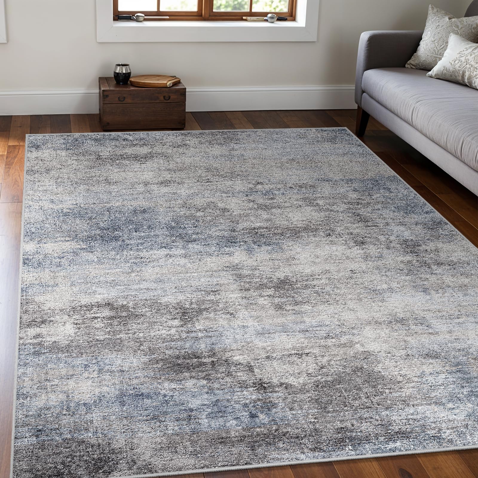 washable abstract 5x7 area rug: low pile and non-slip rubber backing modern large soft stain-resistant carpet for living room bedroom dining room kitchen and home office blue grey