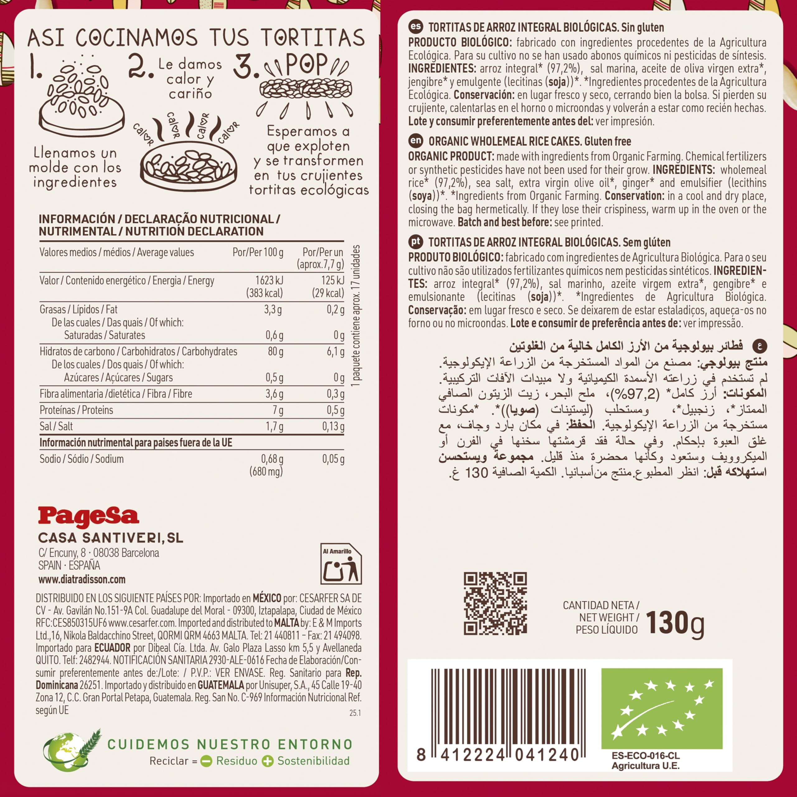 DIAT Radisson Tortitas de Arroz Sin Gluten BIO Integral Inflado Ligero Digestivo Vegano