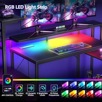 Korfile 48 Inch Gaming Desk with LED Lights & Power Outlets,Computer Desk with Fabric Drawers & Side Hook,Reversible Gamer Table with Monitor Stand for Game Room,Home Office,Carbon Fiber Black