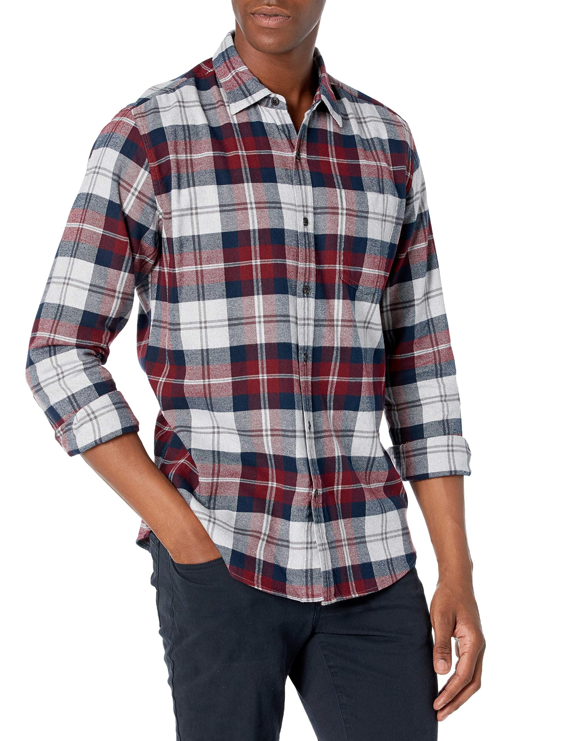 Amazon Essentials Men's Standard Regular-Fit Long-Sleeve Flannel Shirt, Grey/Burgundy Plaid, X-Small