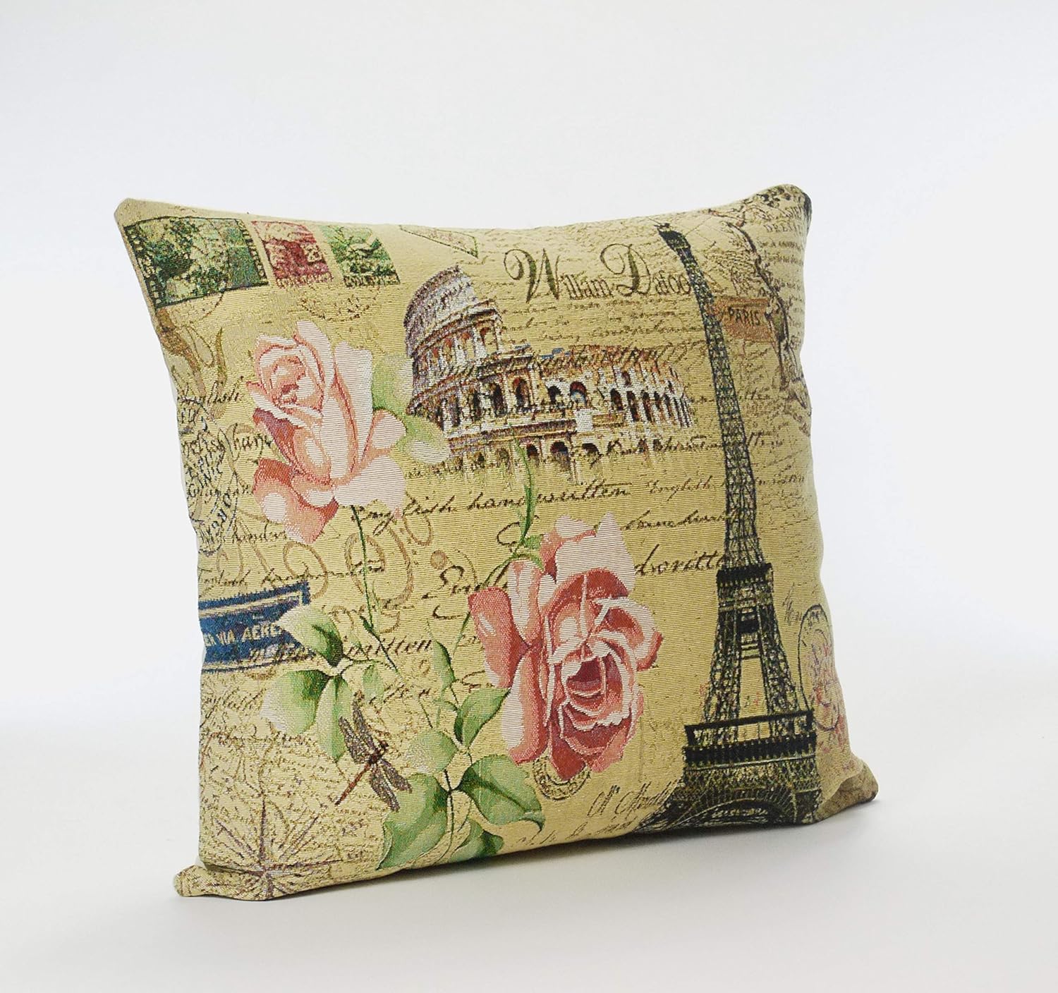 Rome & Paris Tapestry 18In X18 In Pink & Beige Cushion Cover