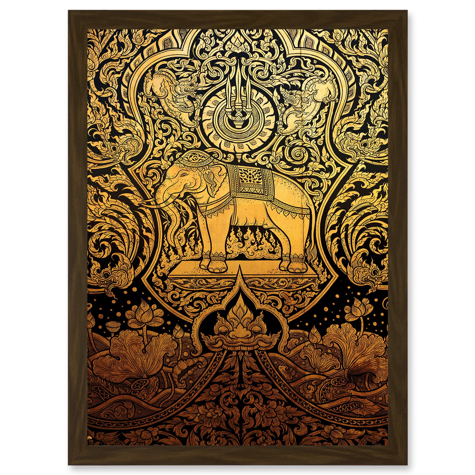 Artery8 Painting Ornate Abstract Thailand Elephant Black Gold Artwork Framed Wall Art Print A4