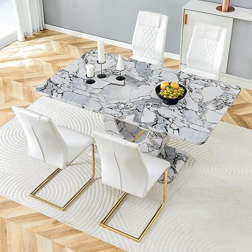 Miniatura 31 de JUFU Juego de mesa de comedor moderno para 6, juego de mesa de cocina de 63 pulgadas con mesa de mármol sintético y 4 sillas tapizadas de piel