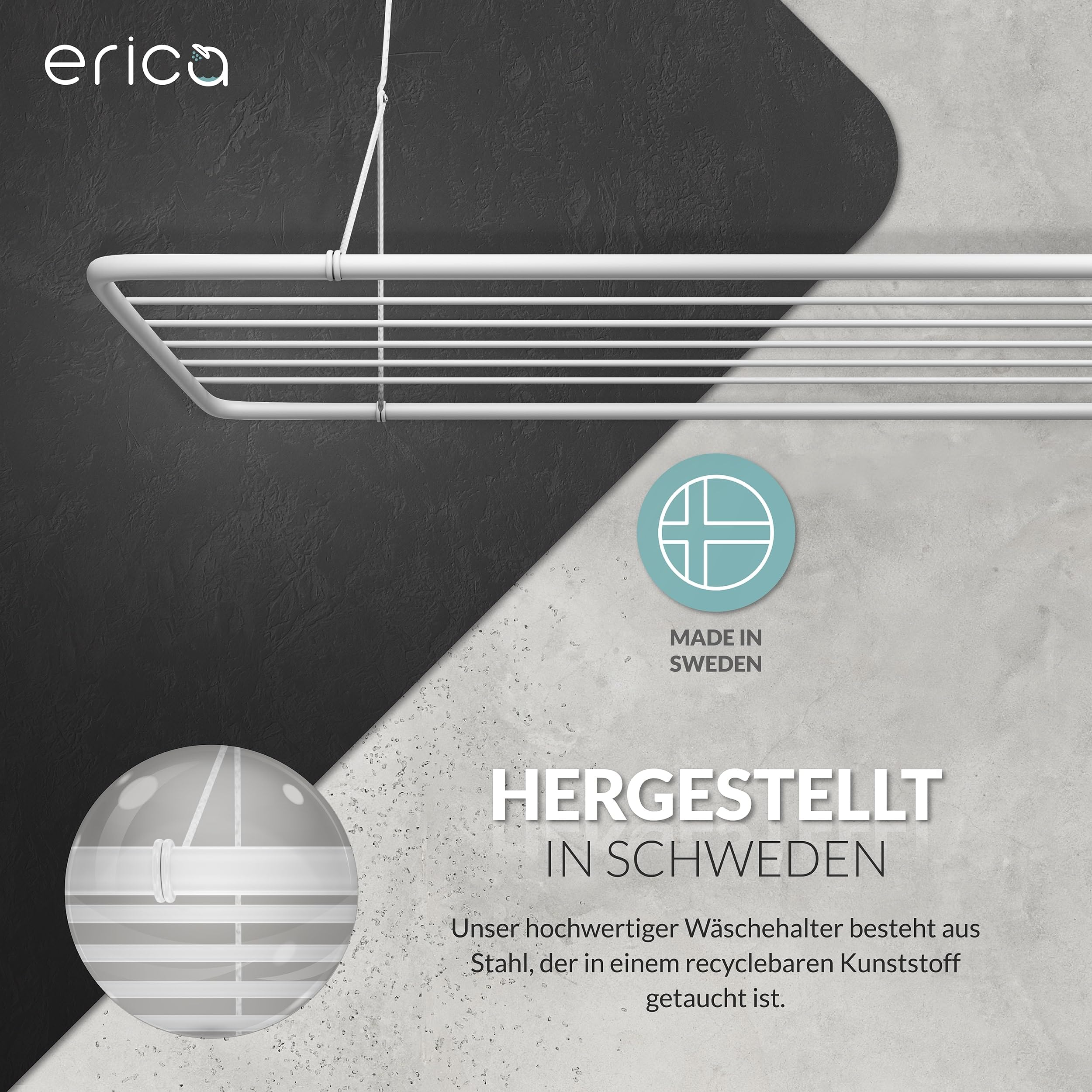 Erica Wäscheständer Decke 140x50cm, Platzsparend mit 11,2m Trocknungsfläche, Vertikal zusammenklappbar 2,5m, Deckenwäschetrockner aus Metall, Weiß